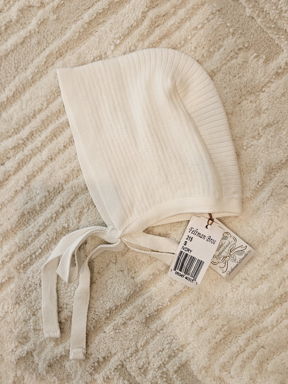 Ivory Knit Baby Bonnet with Ties